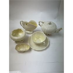 Belleek Sea Urchin teapot and sugar basin, together with Belleek Nautilus jug, small dish, teacup and saucer