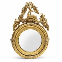 Regency gilt wood and gesso wall mirror, stag pediment with trailing oak leaves and acorns...