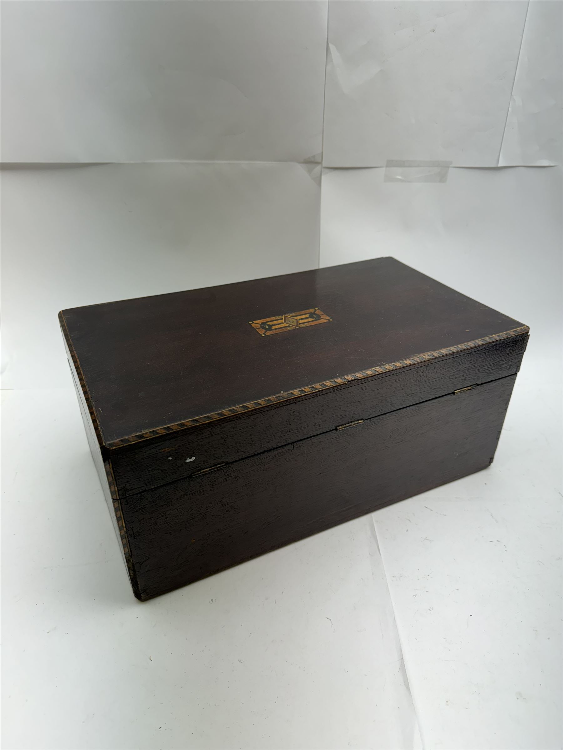 Three inlaid wooden boxes, together with an oak table top cabinet, tallest H42cm