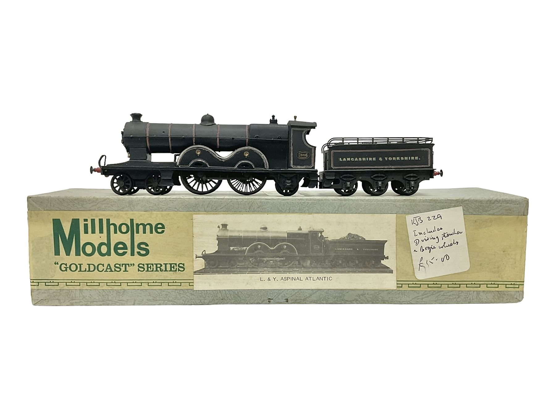 Millholme Models ‘00’ gauge - kit built ‘Goldcast’ series L.&Y. Aspinal Atlantic 4-4-2 no.1406 steam locomotive and tender in LYR black; with original box 