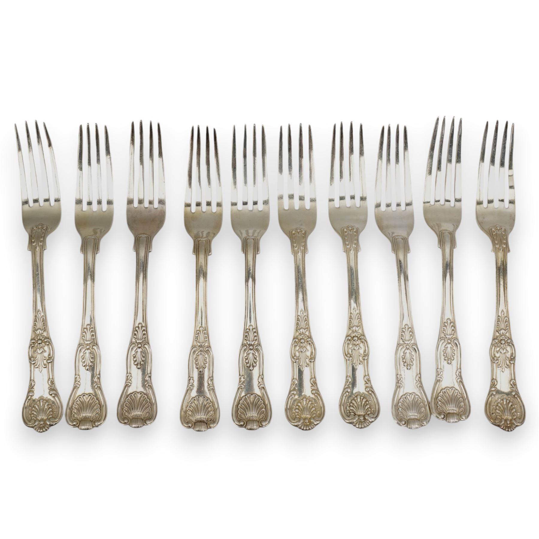 A matched set of 19th century silver Kings pattern cutlery comprising six table spoons, ten table forks, twelve dessert spoons, fish slice, pair of sauce ladles, ten teaspoons, six fish knives, seven silver handled knives, two salt spoons  and fifteen dessert forks, various dates and makers 