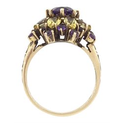 9ct gold round cut amethyst and pear cut citrine flower head cluster ring, Birmingham 2002