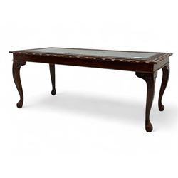 Pakistan carved hardwood brass inlaid rectangular coffee table, cabriole legs, inset glass top