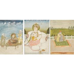 Indian School (18th/19th Century): Portrait of a Mughal Emperor - Possibly Akbar II and two others, set of three gouaches on paper unsigned, one heighted with gold pigment, later inscribed verso max 30cm x 20cm (3)