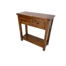 Hardwood side or hall table, rectangular top over two drawers, on square supports joined by undertier 