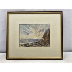 Desmond 'Des' G Sythes (British 1929-2008): 'Sunrise over Black Nab - Saltwick Bay Whitby' , watercolour and gouache signed and dated '88, labelled verso 21cm x 28cm