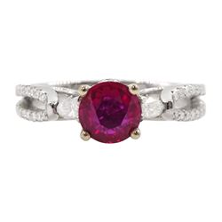 18ct white gold three stone round cut ruby and pear cut diamond ring, with diamond set gallery and two row diamond set shoulders, hallmarked, ruby approx 0.85 carat