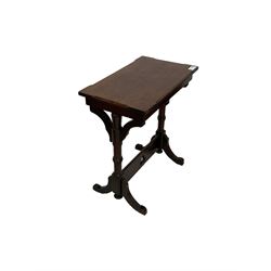 Late Victorian walnut ecclesiastical side table, rectangular top with stop chamfered edge, on turned supports united by rectangular stretcher pierced with trefoil, on splayed feet 