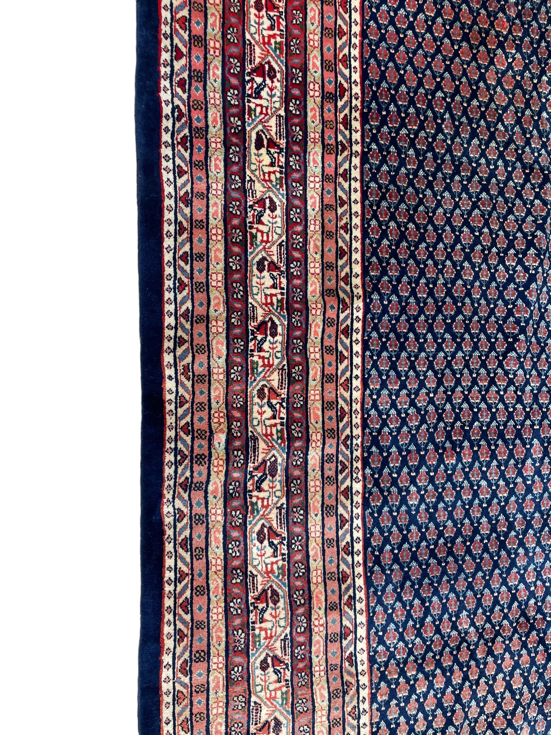 Large North-West Persian Arrak indigo ground carpet, the field decorated all-over with small Boteh motifs, multiple band border decorated with repeating geometric designs