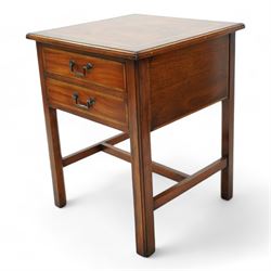 Georgian design mahogany bedside lamp table, square moulded top over two drawers, on square moulded supports united by H stretchers 