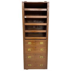 Tall 19th century walnut press cabinet, fitted with five slides over four drawers, with recessed brass handles 