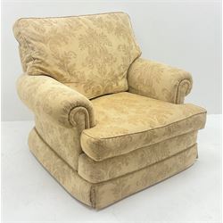 Duresta Waldorf Grande - three seat sofa (L230cm, D100cm) and matching armchair (W115cm, D100cm), scroll arms, upholstered in a pale gold foliate patterned fabric with matching scatter cushions 