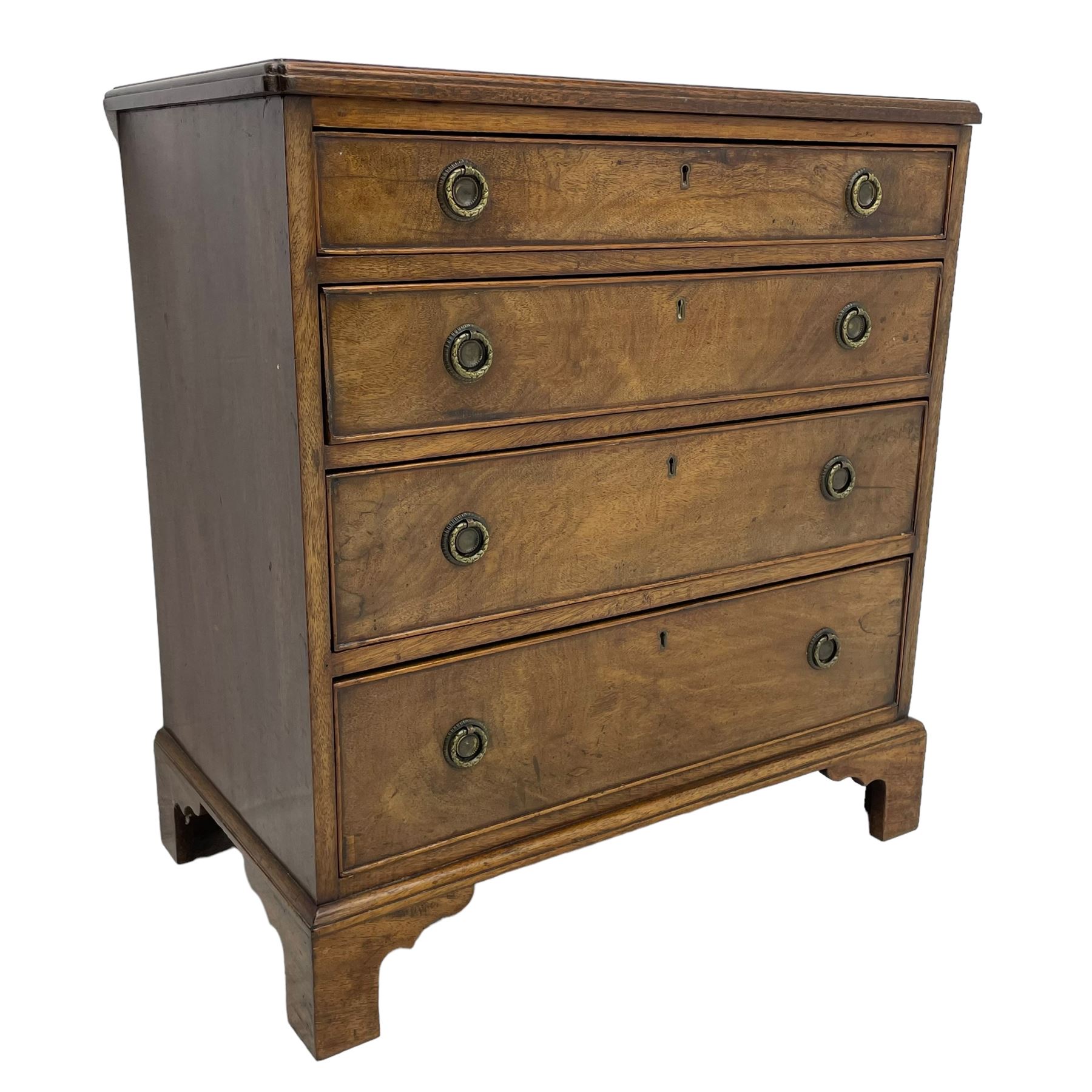 Small George III and later mahogany chest, moulded rectangular top over four graduating cock-beaded drawers, on bracket feet 