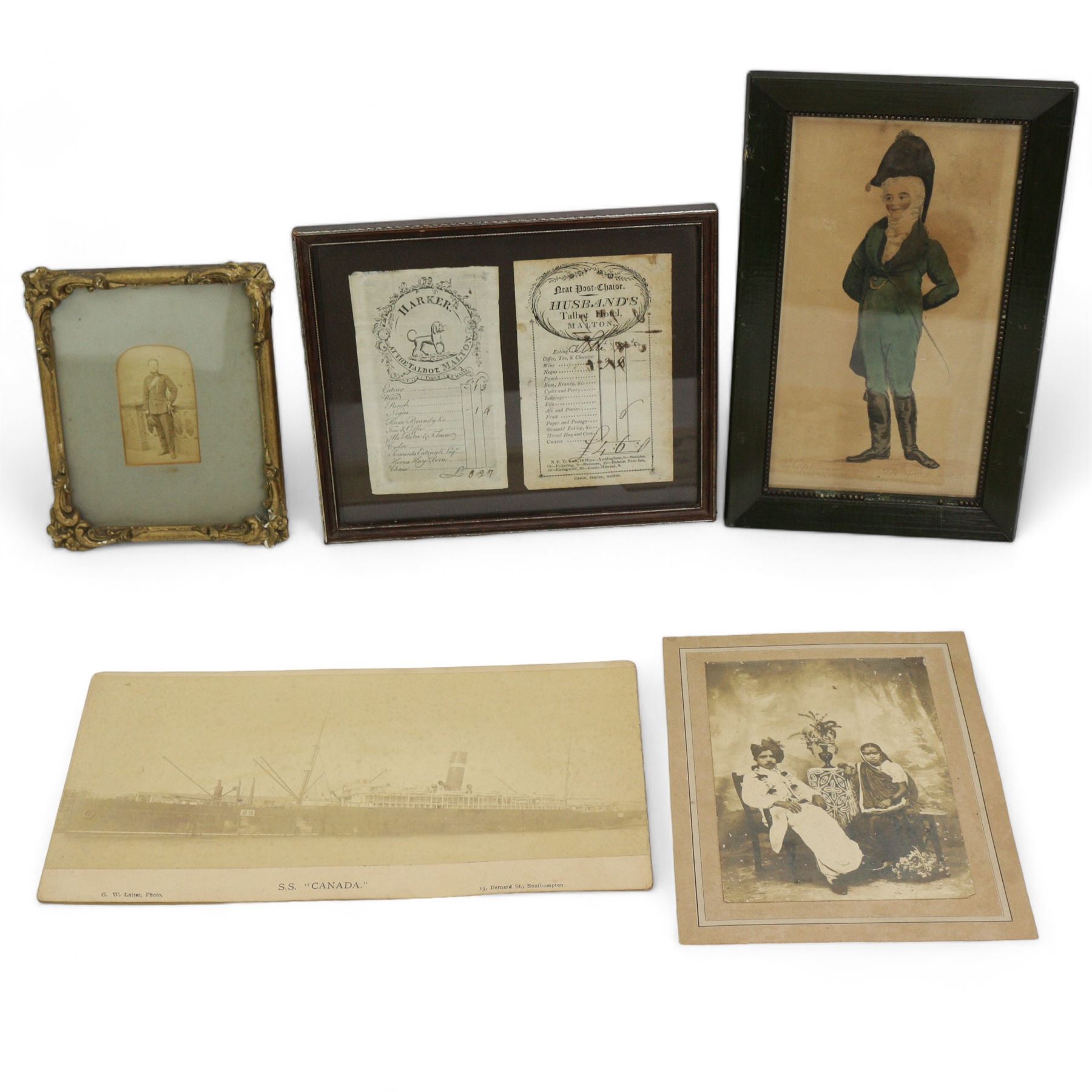 Two George IIII receipts one headed 'Husband's Talbot Hotel, Malton' and the other 'Harker at the Talbot Hotel, Malton', framed as one, 19th century print of The Green Man, 19th century photograph of an army officer and two other items