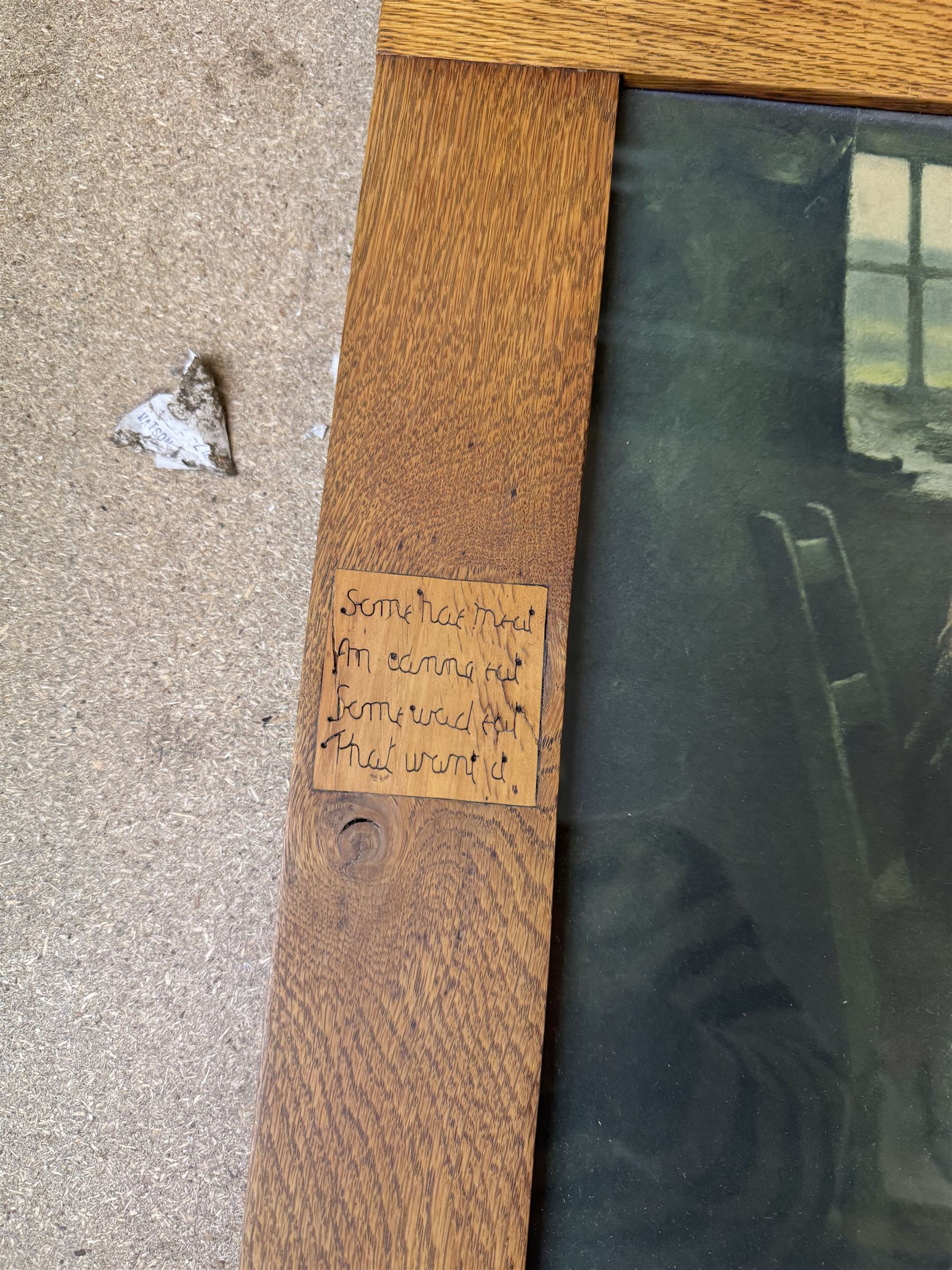 Arts and Crafts Motto frame, circa 1900, inlaid with an oval plaque depicting a cottage, two inlaid motto panels with title inlaid below 