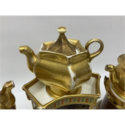 Three 19th century continental teapots and warmers, the first teapot upon a hexagonal warming base, painted with figures in period dress, the second pained with Neapolitan and the third decorated with landscapes, largest H28cm 