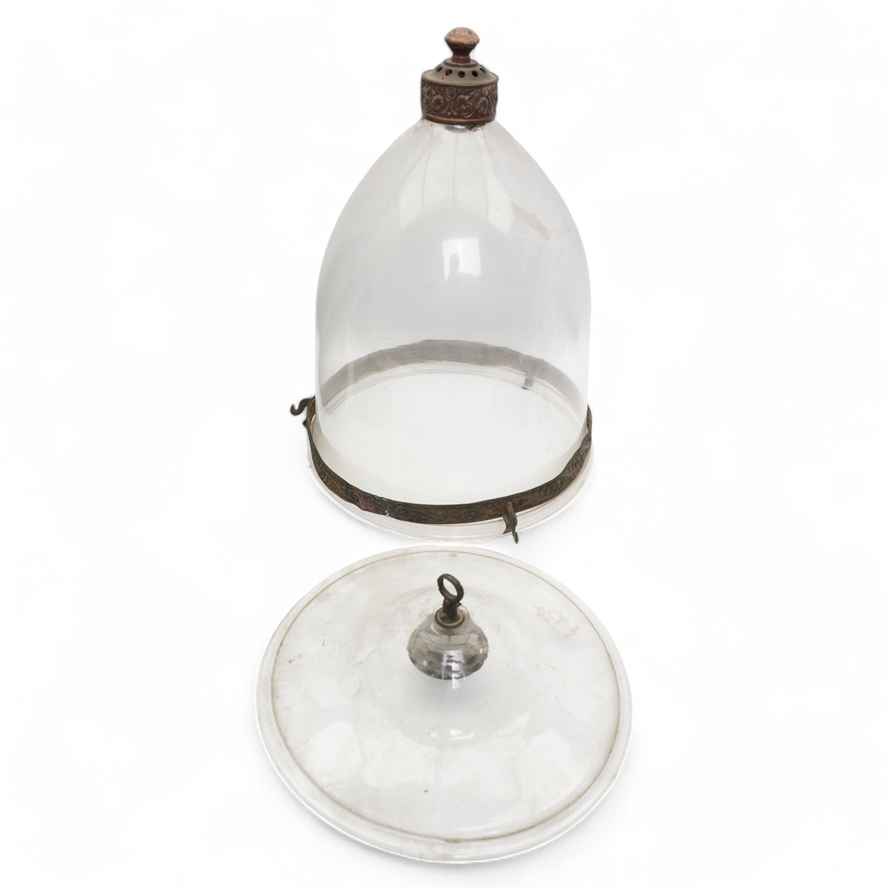 Clear glass Indian Hundi ceiling lamp with metal mounts and glass plate, shade H40cm and another in green H33cm (2)