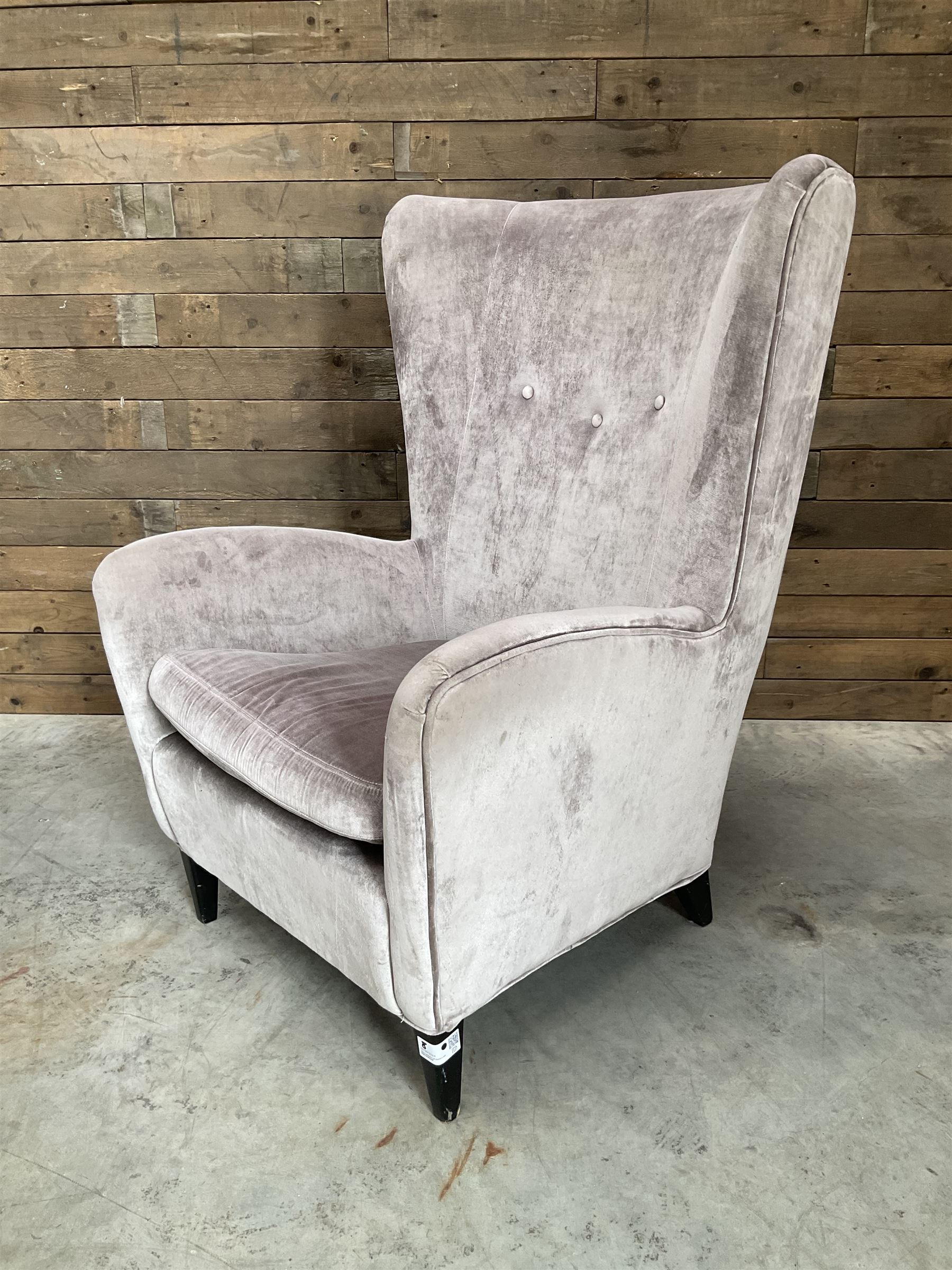 2 x Wing back armchair upholstered in silver crushed velvet fabric