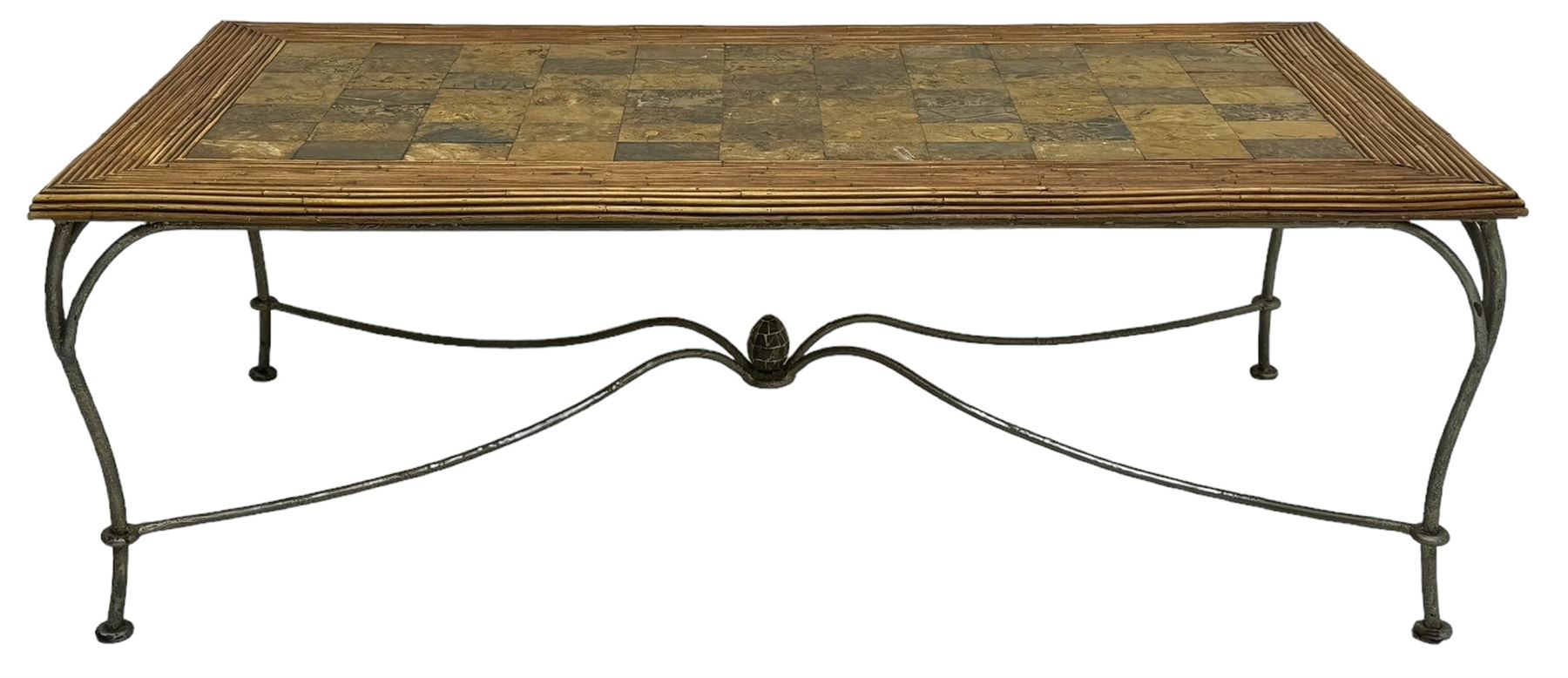 Mid-20th century coffee table, rectangular tiled wooden top framed by bamboo detailing, supported by wrought iron base with scrolled legs and central mosaic accent