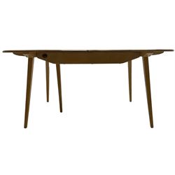 Ercol - light elm and beech 'Slide Leg Expanding Dining Table (444)', rectangular top with rounded corners, raised on tapered splayed supports, with two additional leaves