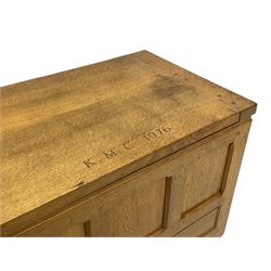 Mouseman - oak work or sewing box, rectangular adzed top inscribed 'L. M. C. 1976' enclosing vacant interior, triple panelled front and double panelled sides, fitted with single drawer, on octagonal supports, carved with mouse signature, by the workshop of Robert Thompson, Kilburn 