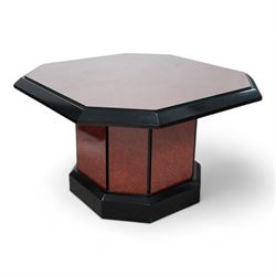 1980s figured wood finish and black lacquered coffee table, square canted top with chamfer...