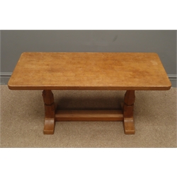  'Mouseman' oak rectangular coffee table with adzed top, carved with signature mouse, by Robert Thompson of Kilburn, 91cm x 38cm, H44cm: Provenance - Wedding gift to the vendor in 1970  