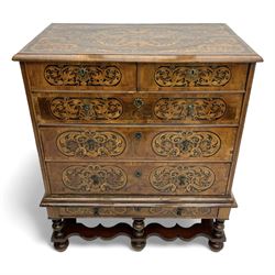 18th century inlaid walnut chest on stand, ovolo-moulded rectangular top inlaid with ebony...