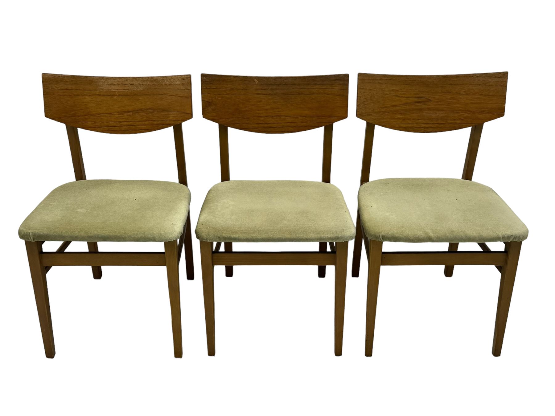 Mid-20th century teak dining table, draw-leaf action extending top, on square tapering supports (98cm - 148cm x 76cm, H75cm); and a set of three dining chairs 