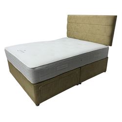 Queen size divan bed, upholstered in light gold fabric with high padded headboard, box base with double storage drawer; with Dreamland ‘Evergreen’ aloe vera pocket sprung mattress (200 x 150 x 28cm)