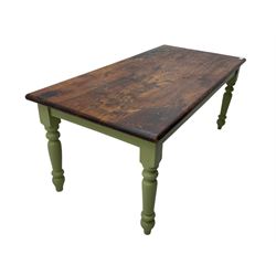 Hardwood dining table, rectangular top on laurel green painted base, fitted with turned supports 