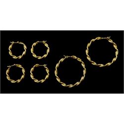 Three pairs of 9ct gold twist hoop earrings, stamped 375