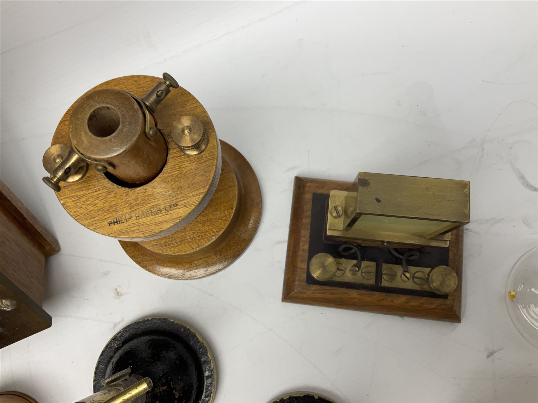 Collection of scientific and technical instruments etc including boxed 'Force on a Conductor' apparatus; vintage GPO resistance box; current deflection meter; vintage X-ray generator tube; small glass electroscope; two demonstrator solenoids; two magdeburg spheres; travelling balance scales etc; some by Philip Harris Ltd