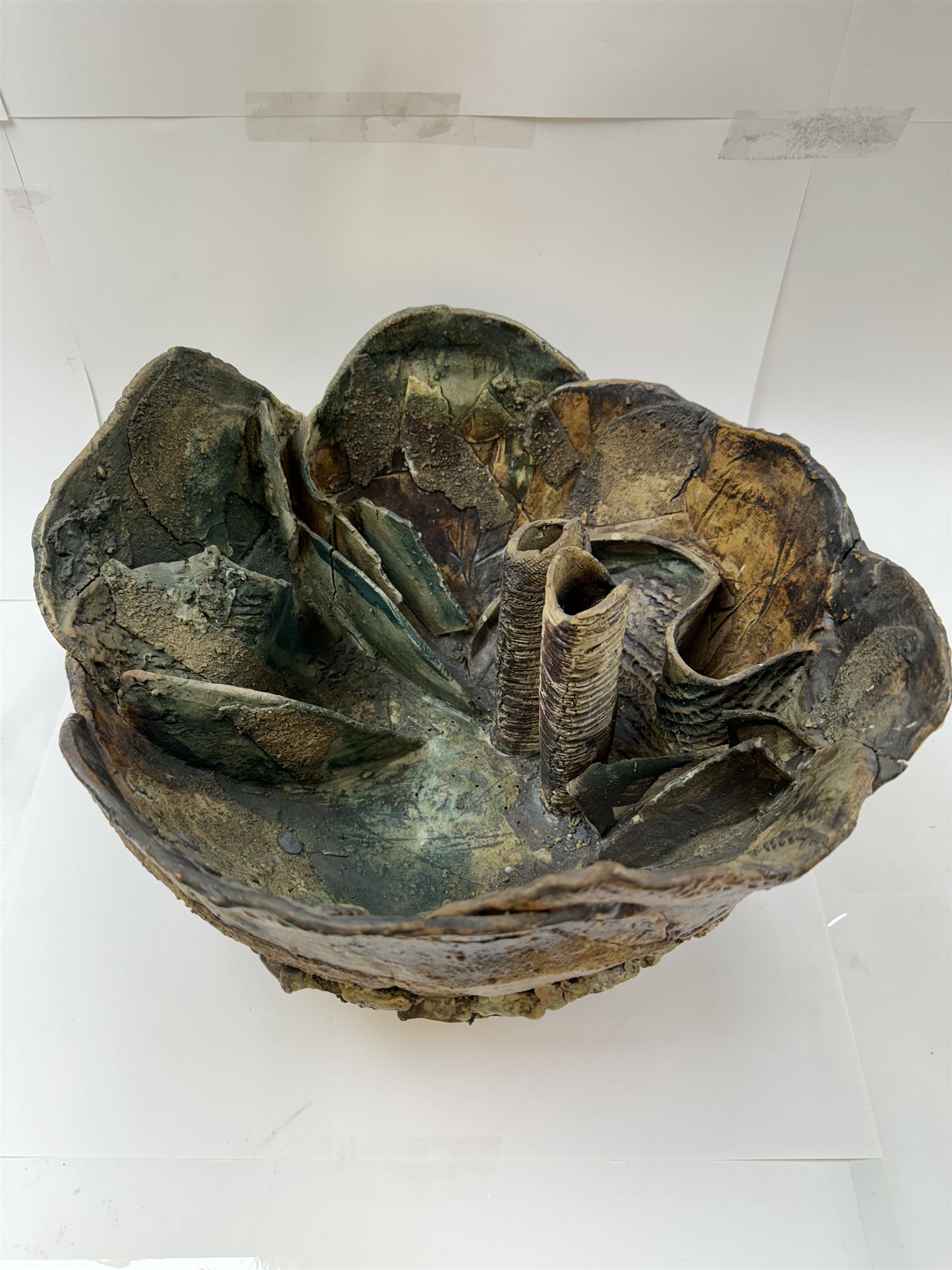 Peter Hough (British Contemporary): slab built stoneware sculptural bowl, of abstract floral design with applied and incised decoration throughout, H21cm, D37cm