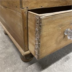 Victorian pine mule chest, rectangular moulded hinged lid, fitted with single drawer, brass carrying handles to each side, on turned feet - THIS LOT IS TO BE COLLECTED BY APPOINTMENT FROM THE OLD BUFFER DEPOT, MELBOURNE PLACE, SOWERBY, THIRSK, YO7 1QY