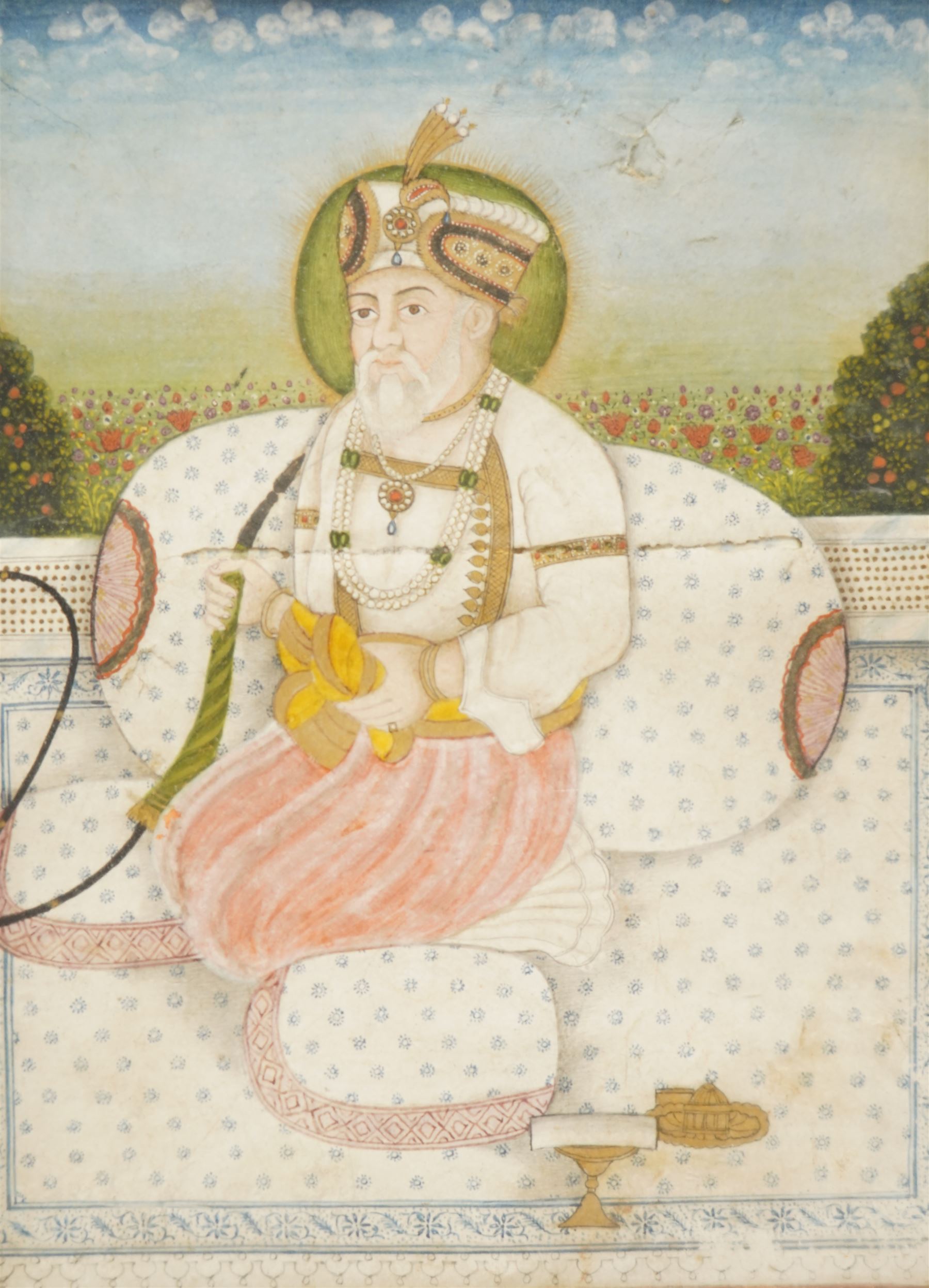 Indian School (18th/19th Century): Portrait of a Mughal Emperor - Possibly Akbar II and two others, set of three gouaches on paper unsigned, one heighted with gold pigment, later inscribed verso max 30cm x 20cm (3)