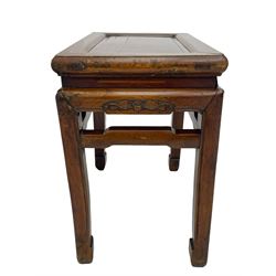 Pair of Chinese Hong Kong hardwood side tables, rectangular panelled top within moulded frame, the frieze rails carved with bats, on square supports terminating to hoof feet, united by shaped upper rails