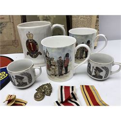 Collection on military items, including John Player & Sons Military Uniforms of the British Overseas, medal ribbon, ceramics and a reproduction metal plaque 