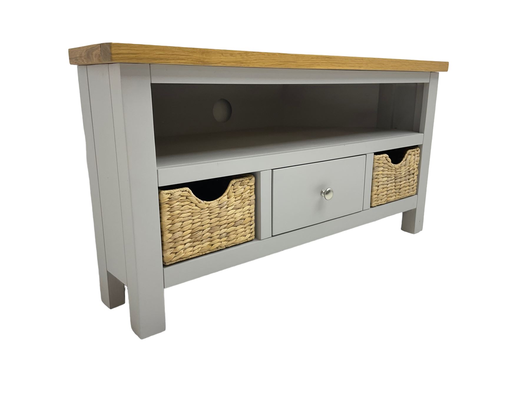 Roseland Farrow - oak and grey finish corner television stand, central drawer and two basket drawers (W100cm, H52cm, D45cm); and a matching nest of tables (51cm x40cm, H41cm)