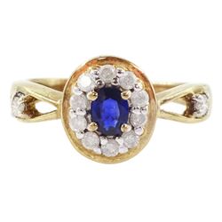 9ct gold oval cut sapphire and round brilliant cut diamond cluster ring, with diamond set shoulders, hallmarked