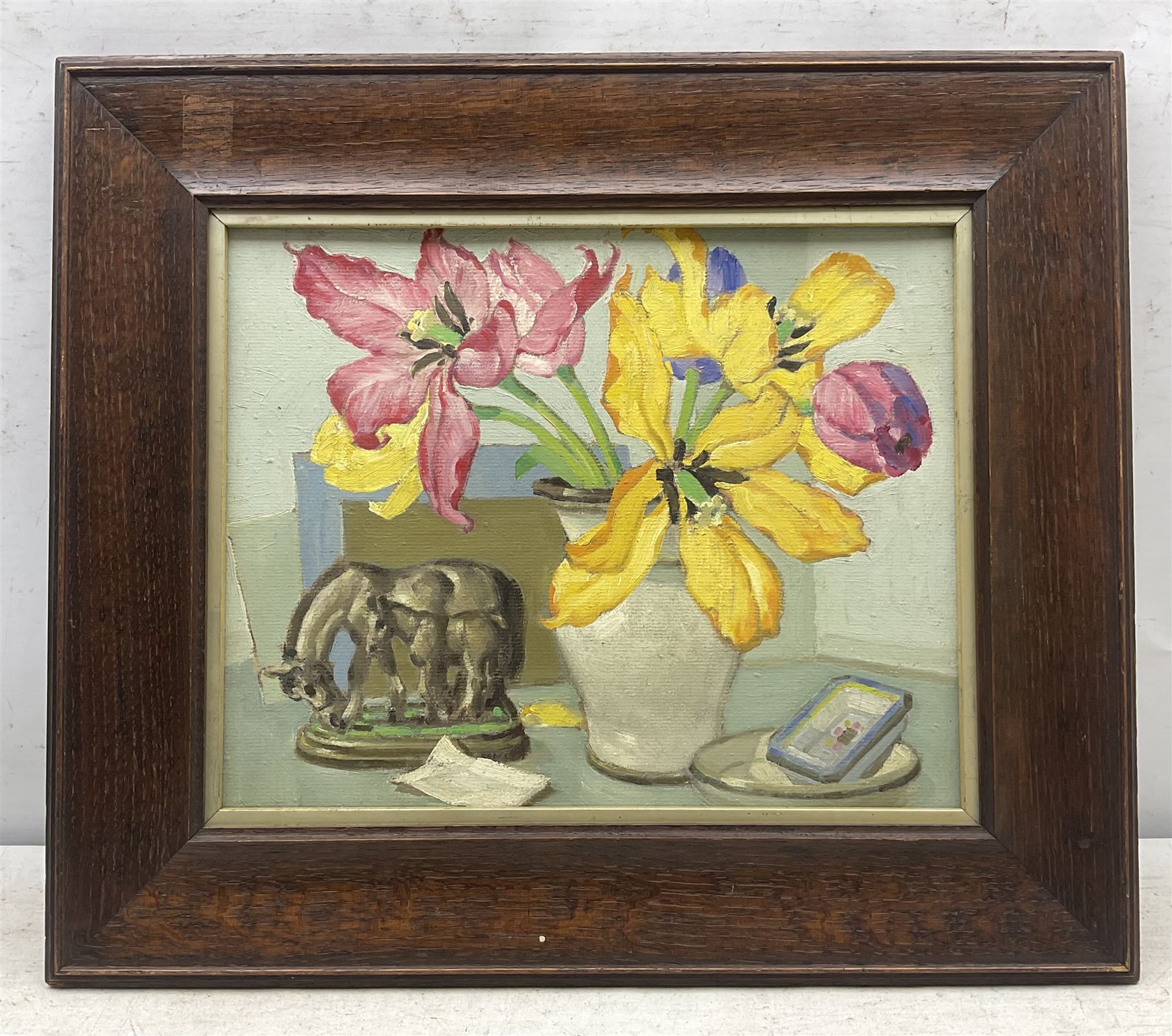 English School (Mid 20th Century): Still Life of Pink and Yellow Flowers, oil on board unsigned 29cm x 36cm 