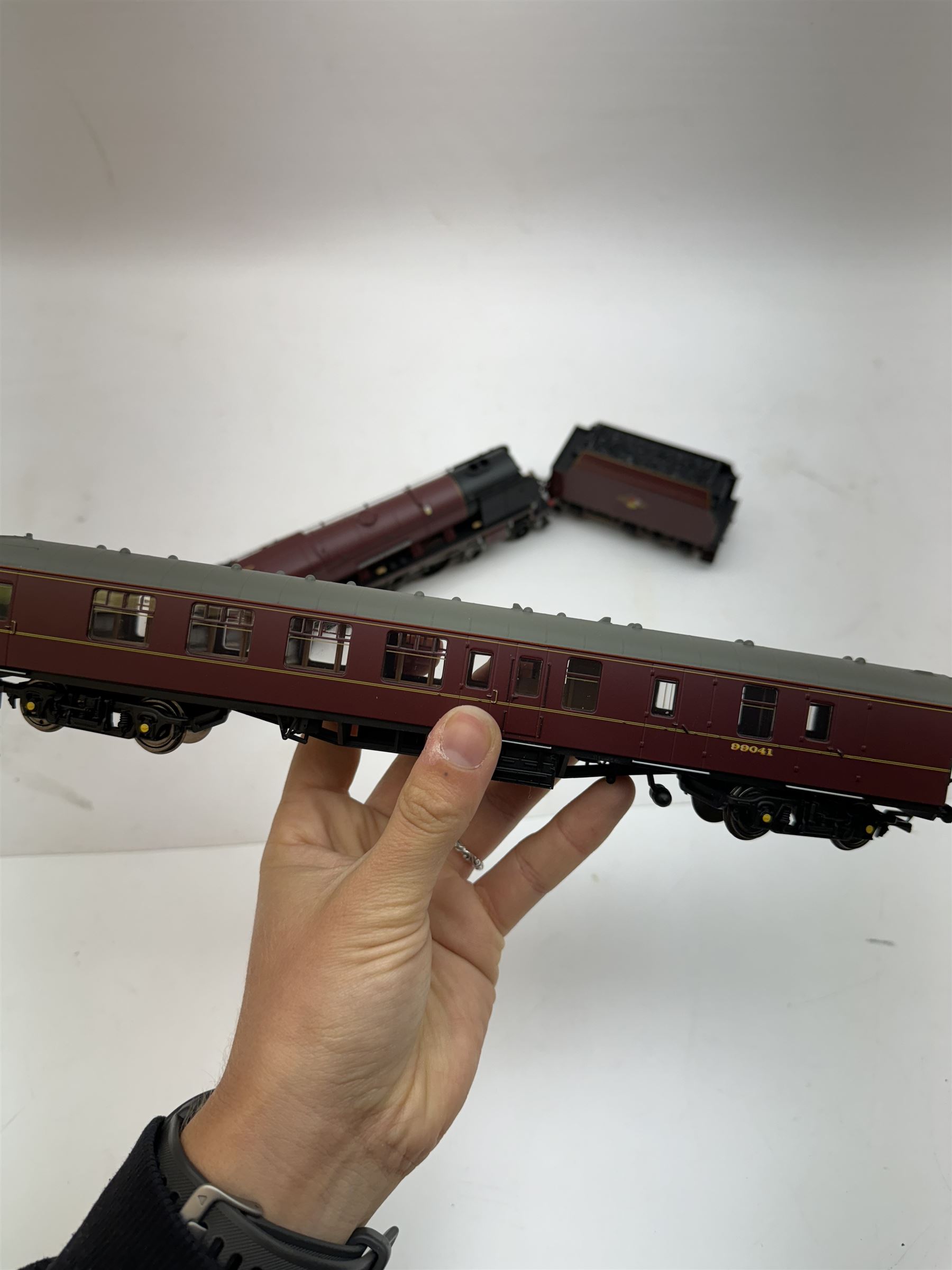 Hornby '00' gauge BR Duchess of Sutherland and Support Coach Train Pack R3221, comprising BR Princess Coronation Class 4-6-2 Duchess of Sutherland locomotive no. 46233 and BR MkI Brake Support Coach no. 99041, both in maroon livery, in original box