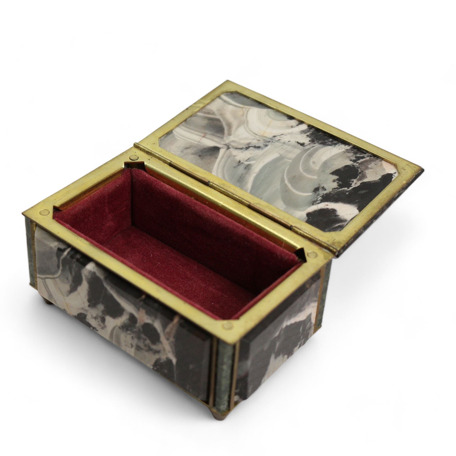 Russian nephrite and jasper rectangular box with hinged cover and metal mounts  8cm x 5cm