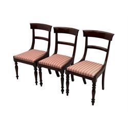 Set of six Victorian mahogany dining chairs, curved bar back over drop-in seat upholstered in striped fabric, on turned front supports