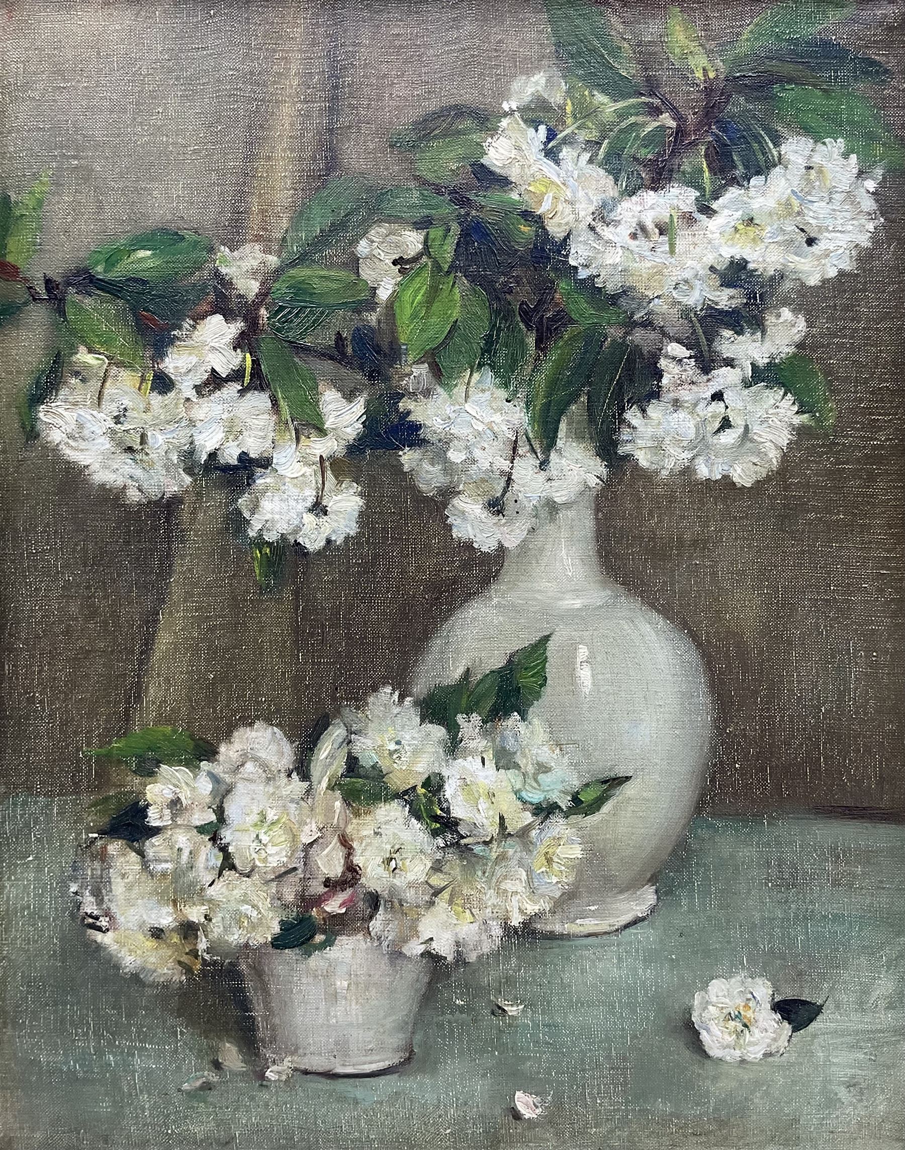 Attrib. Sir William Nicholson (British 1872-1949): 'Japanese Flower Piece' - Spring Blossom Still Life, oil on canvas unsigned, various labels verso and loose 48cm x 38cm 
Notes: exh. Beaux Arts Gallery, 'Modern Masters', 1939, No.11 (according to label, which states the work was executed in 1912).