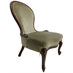 Victorian design nursing chair, moulded spoon back upholstered in green fabric, on scroll carved cabriole feet