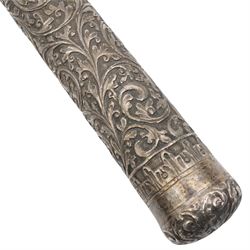 Silver stick handle of tapering form chased with leaves and scrolls and engraved 'G.H.' L36cm