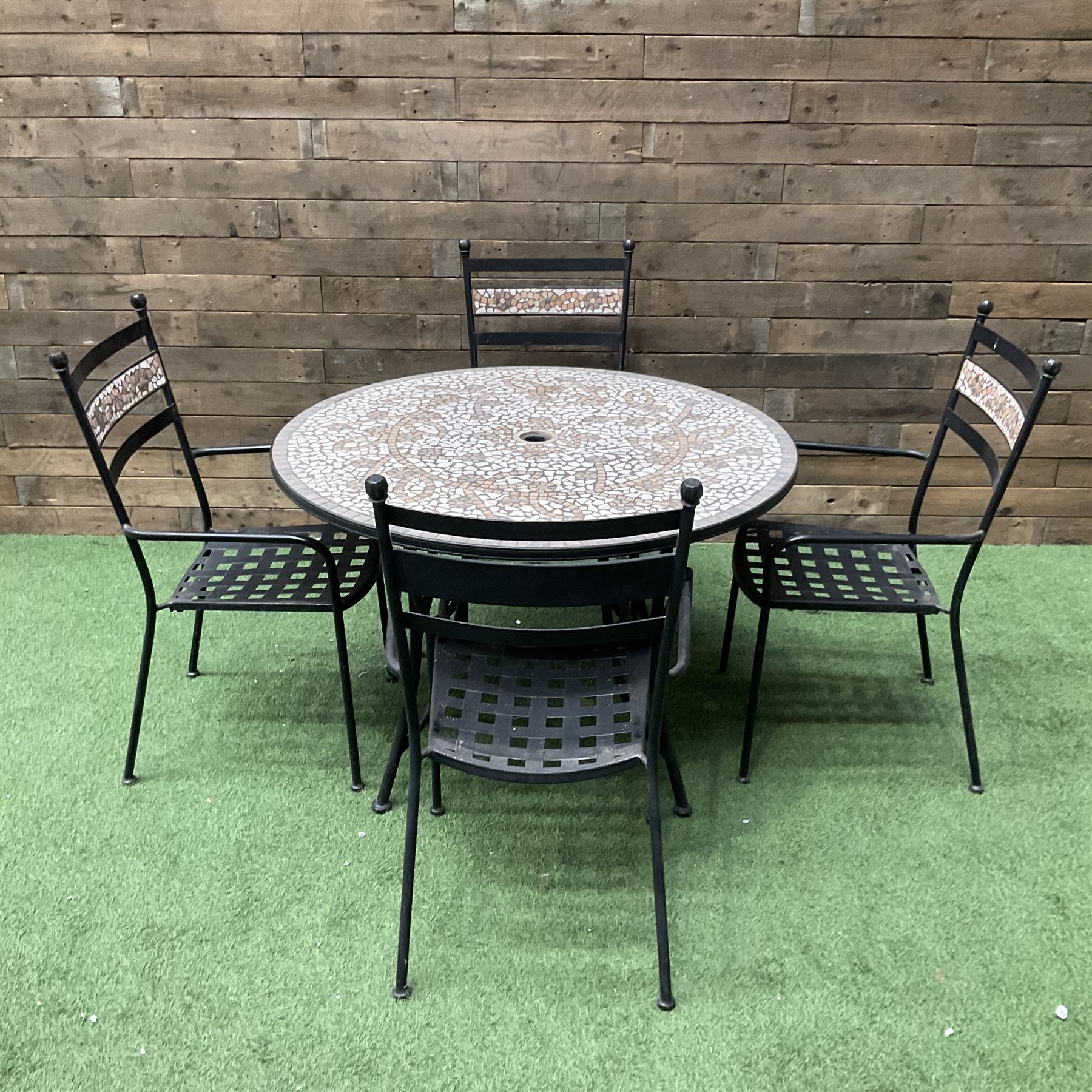 Mosaic and black metal circular garden table and four chairs - THIS LOT IS TO BE COLLECTED BY APPOINTMENT FROM DUGGLEBY STORAGE, GREAT HILL, EASTFIELD, SCARBOROUGH, YO11 3TX