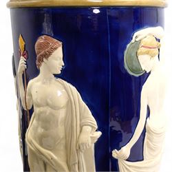 Late Victorian Copeland Majolica pedestal, circa 1850 - 1870, the cylindrical column moulded in relief with a frieze of Classical figures in cream on a cobalt glazed ground, the borders with coloured flower garlands and tortoiseshell mottled top, H62cm x D35cm