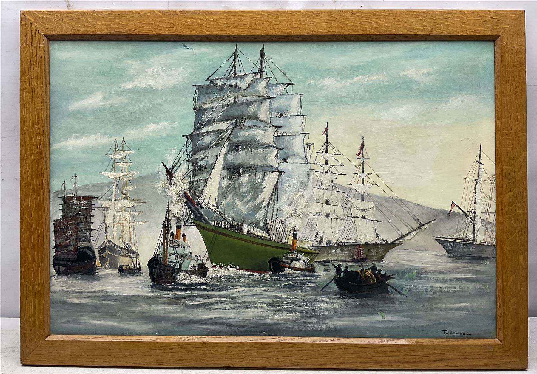 TW Belcher (British 20th Century): Clipper in Full Sail, oil on canvas board signed 49cm x 74cm 